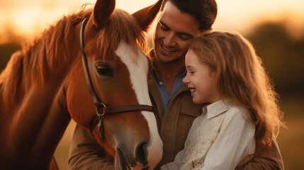 Obraz premium Happy father, mother and child hugging a horse outside on a ranch. at sunset Soft focus telephoto lens natural lighting