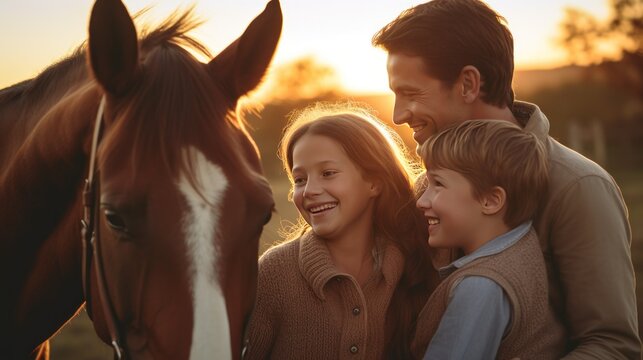 Happy Father, Mother And Child Hugging A Horse Outside On A Ranch. At Sunset Soft Focus Telephoto Lens Natural Lighting