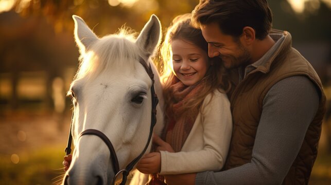 Happy father, mother and child hugging a horse outside on a ranch. at sunset Soft focus telephoto lens natural lighting