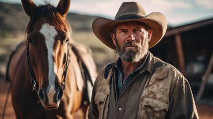A middle-aged bearded cowboy wearing a hat and a horse stands looking at the camera.