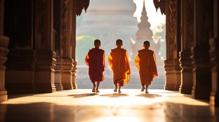 Novices walk through Wat Phra That Luang, Lao PDR