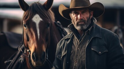 A middle-aged bearded cowboy wearing a hat and a horse stands looking at the camera.