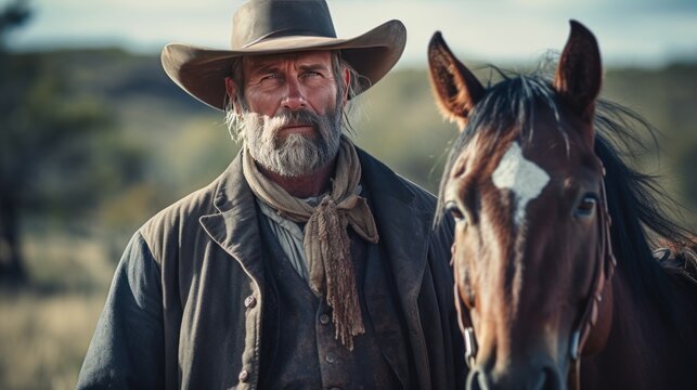 A middle-aged bearded cowboy wearing a hat and a horse stands looking at the camera.