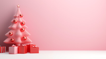 Mikołajki - prezenty pod choinkę na gwiazdkę - różowe tło na życzenia na święta Bożego Narodzenia. Xmas. Wesołych Świąt.  - obrazy, fototapety, plakaty