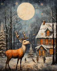 A Holiday scene with Reindeer and a country moonlit landscape.