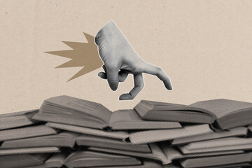 Image poster collage of human arm finger open books textbooks lesson homework isolated on creative background