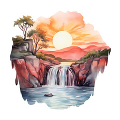 Sunset and waterfall in nature png isolated on a transparent background, watercolor clipart illustration
 