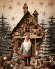 Santa in front of a country home. Holiday theme.