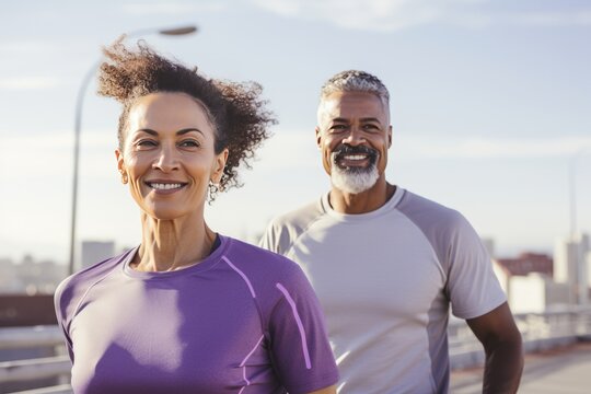 Adult multiethnic couple in sports outfits looking at camera with energetic cheerful smile. Happy loving mature man and woman jogging or exercising outdoors. Healthy lifestyle in urban environment.