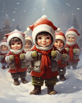 A group of children wearing Santa hats in the snow. Holiday