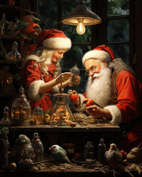 Holiday, Santa in his workshop making toys. Christmas theme, holiday card