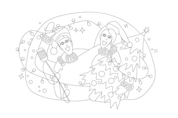 Vector New Year illustration of hugging people in warm knitted New Year hats, sweaters and gloves with a New Year tree and garland