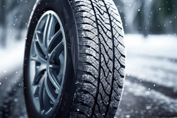 Car tire close up on an icy road in the mountains