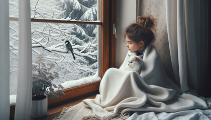 A girl and a cat watch a bird against the backdrop of a snowy landscape through the window on a cold winter morning
