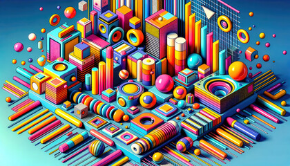 Abstract composition with bright geometric shapes in the 3d Memphis style