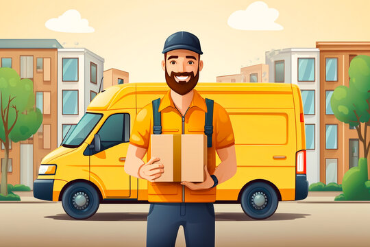 Postwoman/postman with package in hand standing in front  postal car. AI generativ.