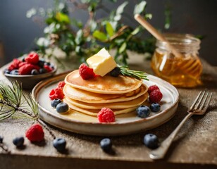 ベリーが乗ったパンケーキ 朝食 カラフル 豪華 優雅