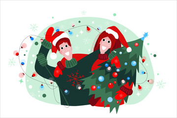 Vector New Year illustration of hugging people in warm knitted New Year hats, sweaters and gloves with a New Year tree and garland