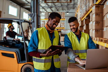 Warehouse Colleagues Reviewing Data on Laptop and Clipboard
