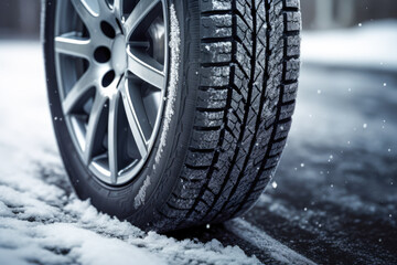 Car tire close up on an icy road in the mountains