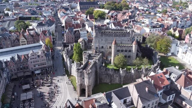 drone video castle of the counts of flanders, Gravensteen Ghent Belgium Europe	