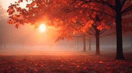 Orange tree with red-brown maple leaves in the park in autumn amidst the sunset mist
