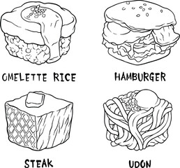 omelette, hamburger, steak, udon with handrawn doodle illustrations vector set. line vector set