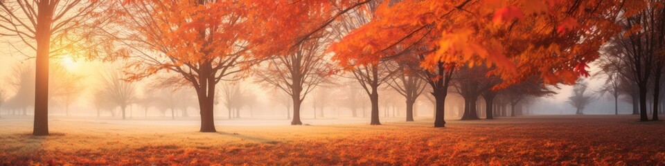 Naklejka na ściany i meble Orange tree with red-brown maple leaves in the park in autumn amidst the sunset mist