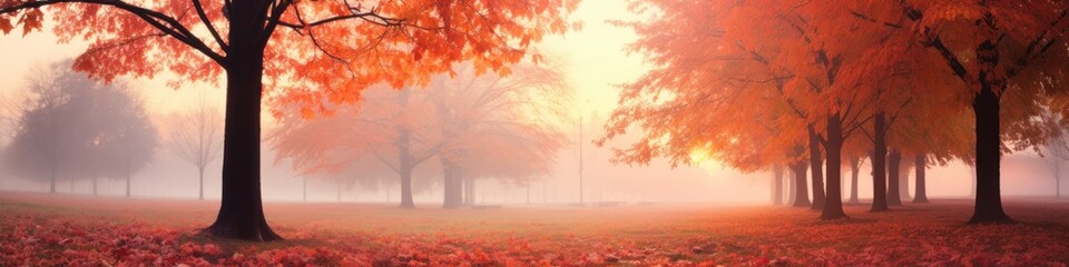 Naklejka na ściany i meble Orange tree with red-brown maple leaves in the park in autumn amidst the sunset mist