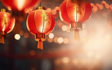 Chinese new year poster, photorealistic lanterns, copy space, bokeh, warm light, de focus. AI...