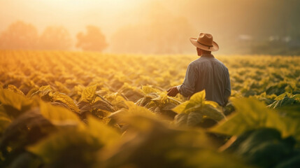 A young male agronomist farmer in a tobacco field.
