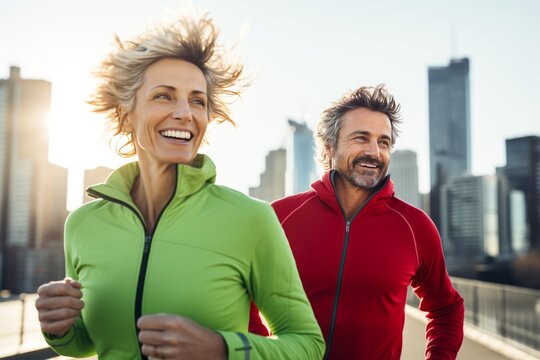 Athletic adult couple jogging along the street of modern city. Mature slender Caucasian man and woman in sports outfit having fun and smiling while running. Active lifestyle in urban environment.