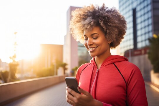 Athletic young African American woman in sports outfit with smartphone while training outdoor. Slender black lady resting after jogging or walking in city street. Active lifestyle in urban environment