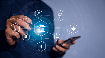 The circular interface of the smart home automation assistant is displayed on a virtual screen and the user touches a button.