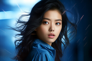 portrait of an young asian woman with long black hair waving in the wind. Action poster with blue background