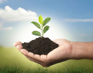 Fototapeta na wymiar hand holding a plant with soil, growth concept