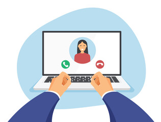 Video chat or conference on laptop screen. Working from home. Workplace and hands are typing on keyboard front view. Vector illustration on a trendy flat style isolated.