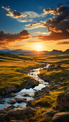 Fototapeta na wymiar A dramatic image of a serene Mongolian landscape, bathed in golden sunlight, with the vast expanse of the steppe stretching to the horizon, Genghis Khan's 