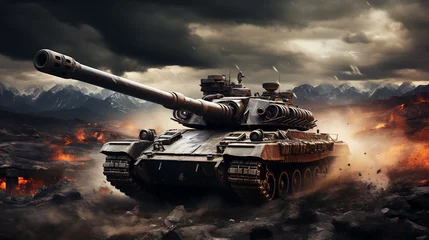 Fotobehang fighter tank on war with explosion © Altair Studio