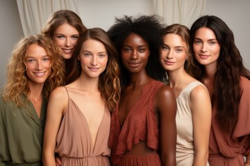 Obraz premium Half-length studio portrait of six cheerful young diverse multiethnic women. Female friends in beautiful dresses smiling at camera while posing together. Diversity, beauty, friendship concept.