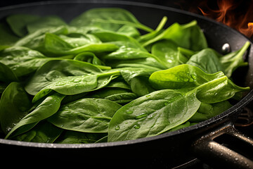Spinach is being prepared in a skillet