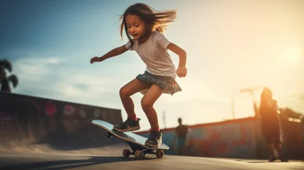 Gordijnen Young girl playing surf skate or skateboard in skate park © somchai20162516