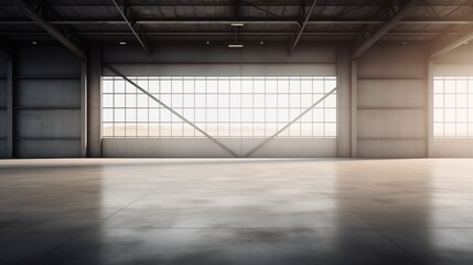 3d illustration of an empty warehouse with a lot of windows. 3d rendering of large hangar building and concrete floor. - obrazy, fototapety, plakaty