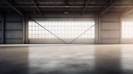 3d illustration of an empty warehouse with a lot of windows. 3d rendering of large hangar building and concrete floor.