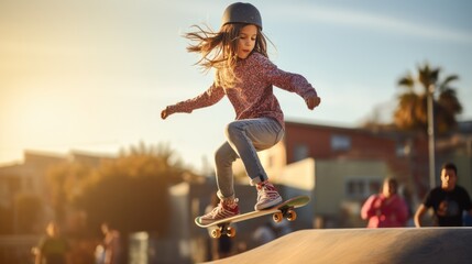 Young girl playing surf skate or skateboard in skate park - obrazy, fototapety, plakaty