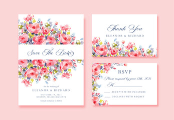 Watercolor Pink Wedding Save The Date card with wild flowers, thank you and rsvp cards, vector template.
