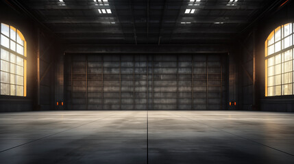 3d illustration of an empty warehouse with a lot of windows. 3d rendering of large hangar building and concrete floor. - obrazy, fototapety, plakaty