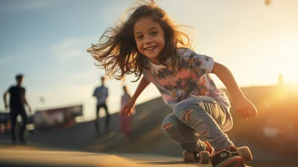 Rolgordijnen Young girl playing surf skate or skateboard in skate park © somchai20162516