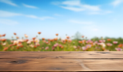 Naklejka na ściany i meble Empty wooden table light brown wood texture Blurred background, natural view Flower garden and blurred mountains