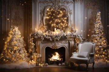 Fototapeta na wymiar Christmas Studio Interior. Magic glowing fireplace in the living room
